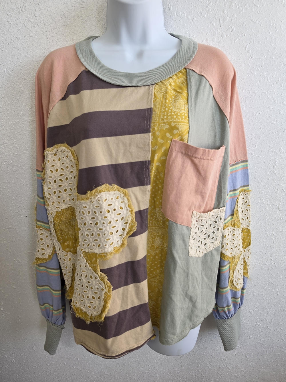 Everyday Chic Patchwork Floral Eyelet Mixed Media Boho Top Small